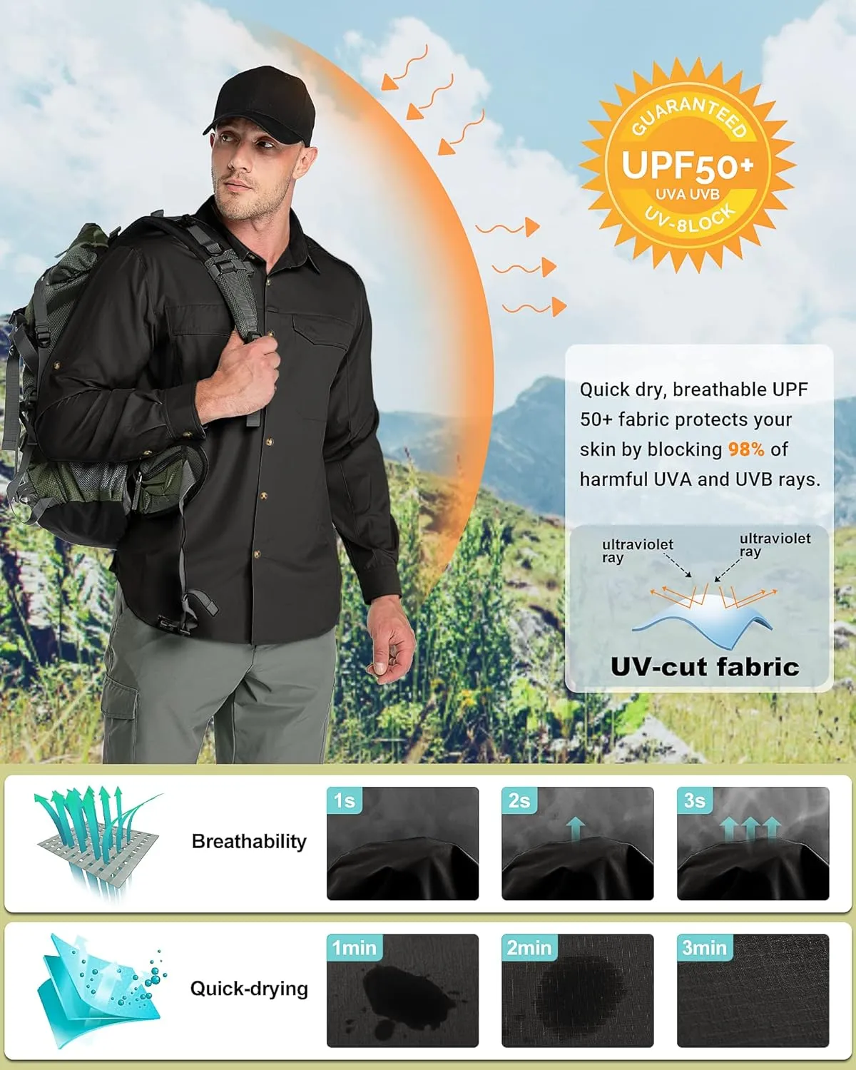 Outdoor Ventures Men's UPF 50  UV Sun Protection SPF Hiking Shirt Long Sleeve Lightweight Quick Dry for Safari Travel Fishing