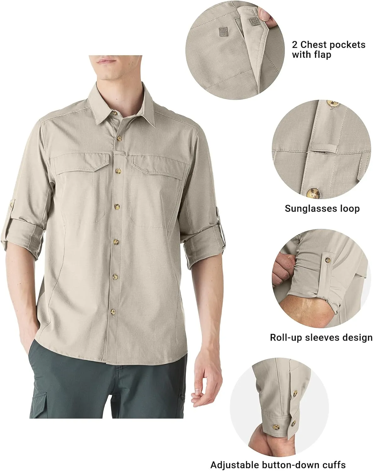 Outdoor Ventures Men's UPF 50  UV Sun Protection SPF Hiking Shirt Long Sleeve Lightweight Quick Dry for Safari Travel Fishing
