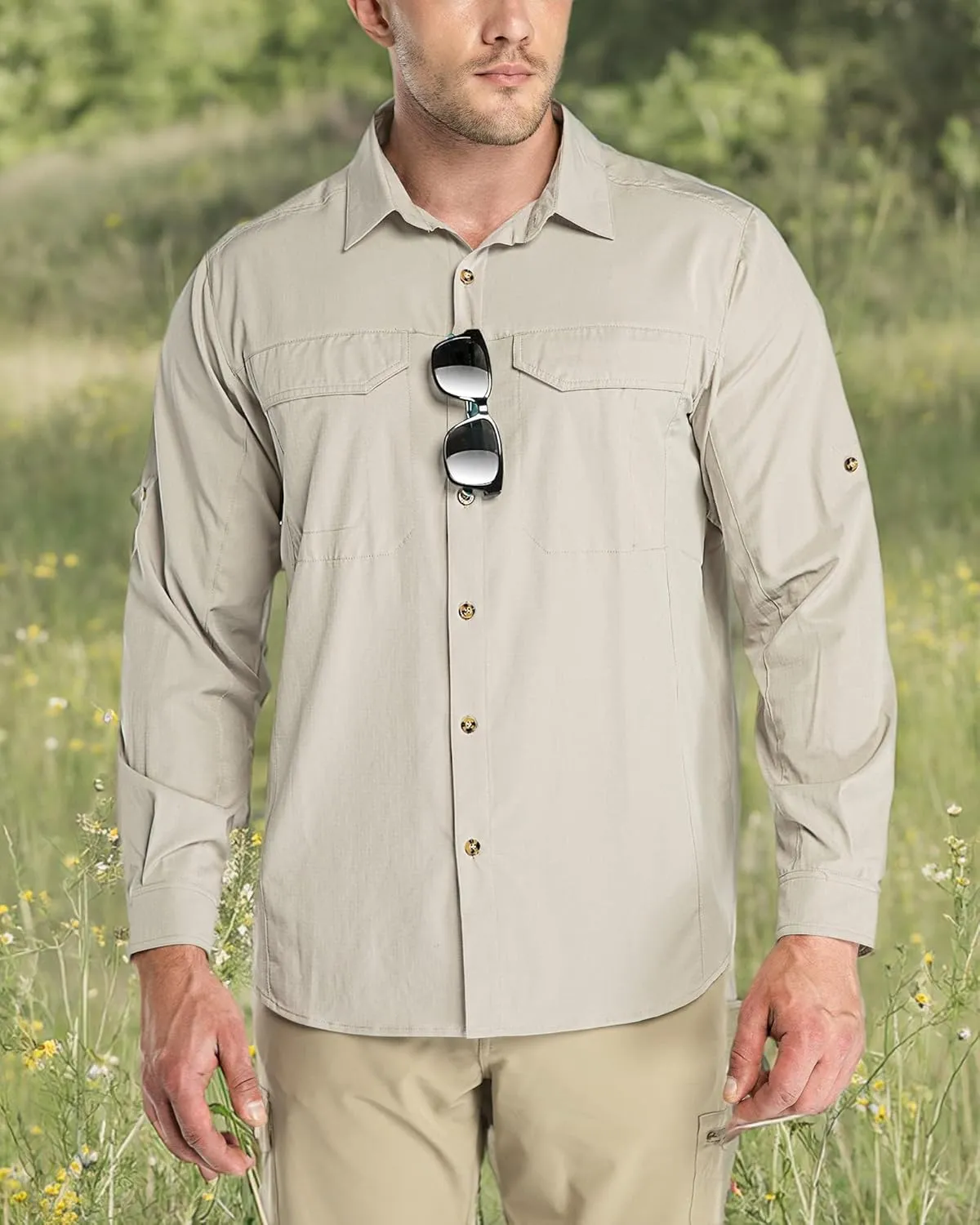 Outdoor Ventures Men's UPF 50  UV Sun Protection SPF Hiking Shirt Long Sleeve Lightweight Quick Dry for Safari Travel Fishing