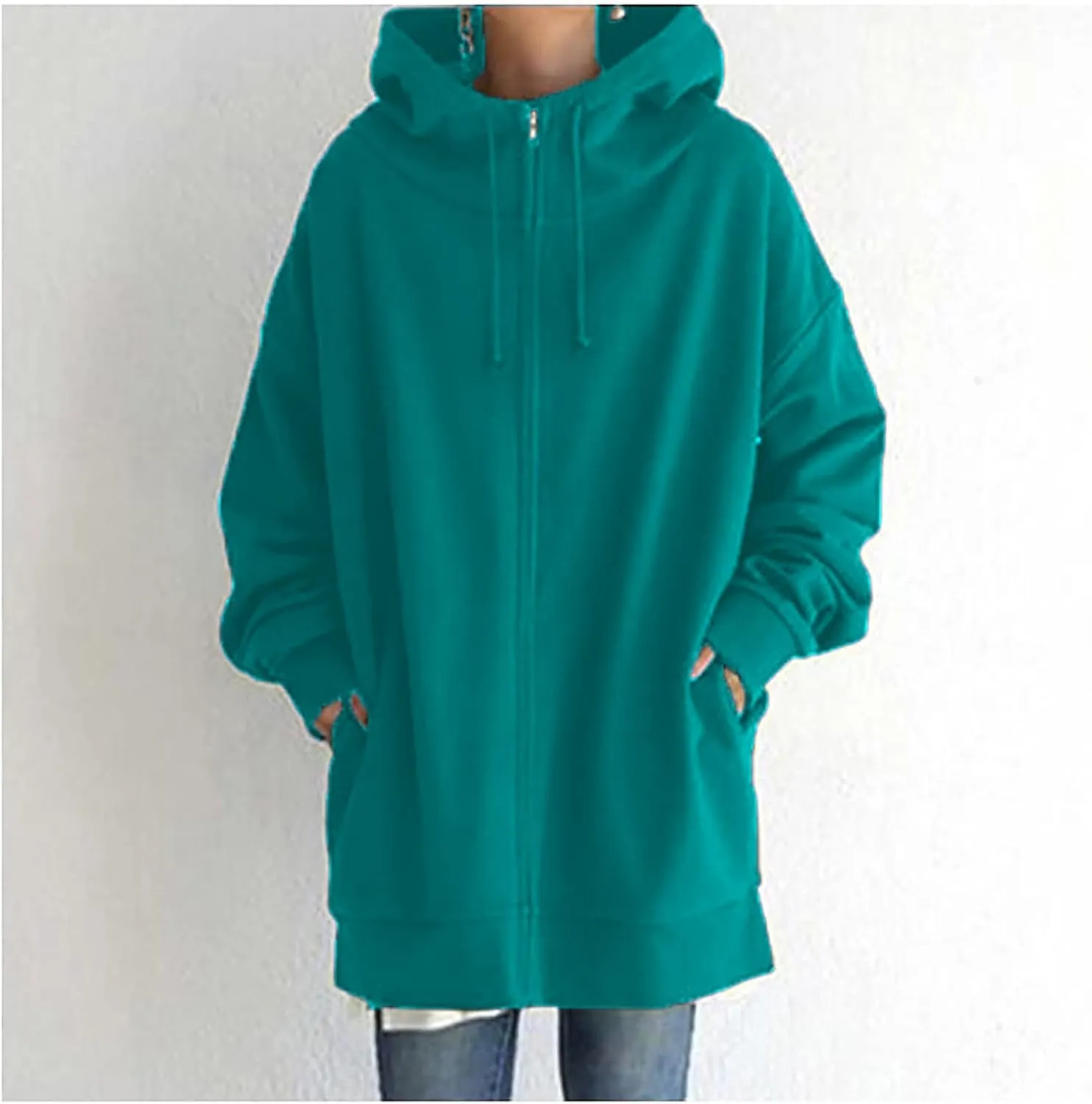 Oversized Hoodies for Women Fall Zip up Hooded Sweatshirts Casual Soild Color Long Fleece Jacket with Pockets