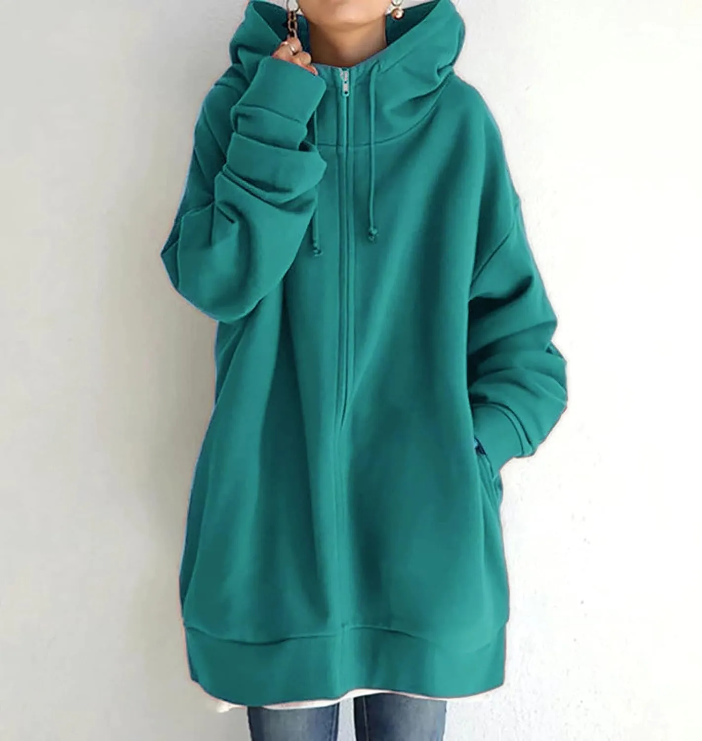 Oversized Hoodies for Women Fall Zip up Hooded Sweatshirts Casual Soild Color Long Fleece Jacket with Pockets