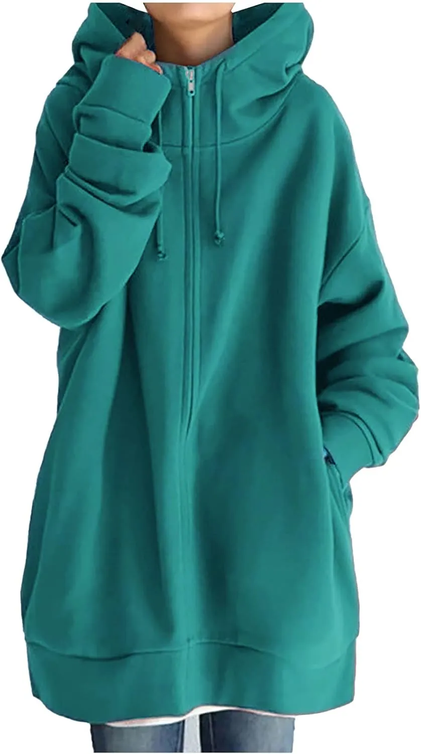 Oversized Hoodies for Women Fall Zip up Hooded Sweatshirts Casual Soild Color Long Fleece Jacket with Pockets