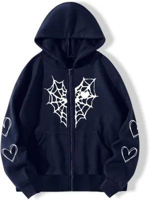 Oversized Y2K Zip Up Hoodie for Women Men Gothic Spider Web Heart Graphic Sweatshirt Punk Harajuku Alt Emo Streetwear