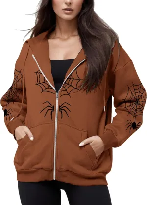 Oversized Zip up Hoodie for Women,Womens Y2k Zip Up Spider Graphic Hoodie,Halloween Rhinestone Oversized Hoodies