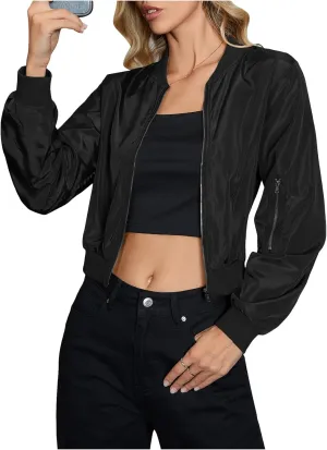 OYOANGLE Women's Lightweight Bomber Biker Jacket Zip up Windbreaker Crop Bomber Jacket Coat