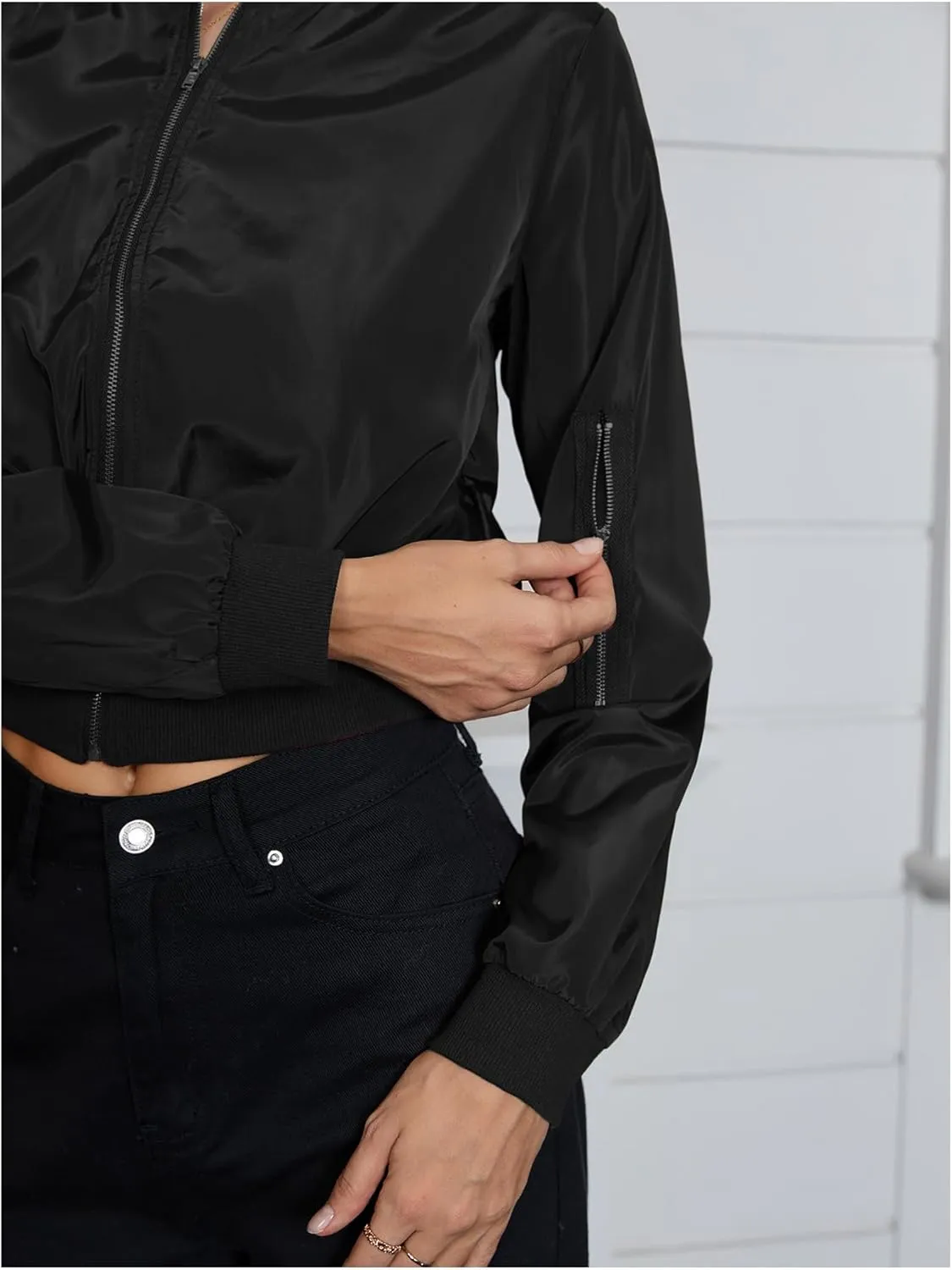 OYOANGLE Women's Lightweight Bomber Biker Jacket Zip up Windbreaker Crop Bomber Jacket Coat