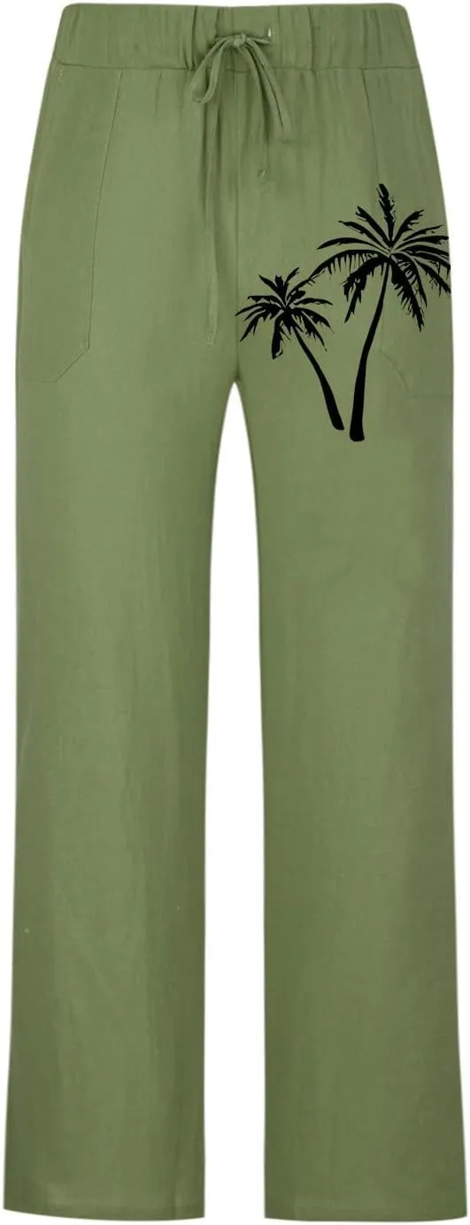Palm Tree Print Cotton Linen Pants for Mens Slim Fit Straight-Leg Beach Pant Summer Casual Drawstring Trousers
