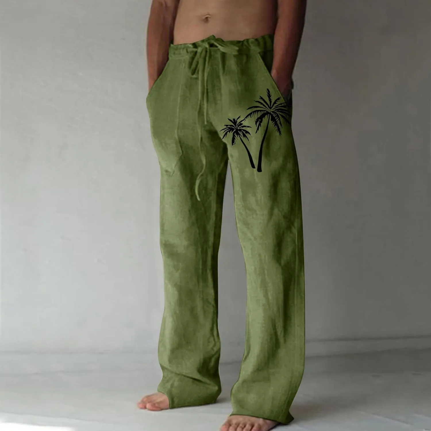 Palm Tree Print Cotton Linen Pants for Mens Slim Fit Straight-Leg Beach Pant Summer Casual Drawstring Trousers