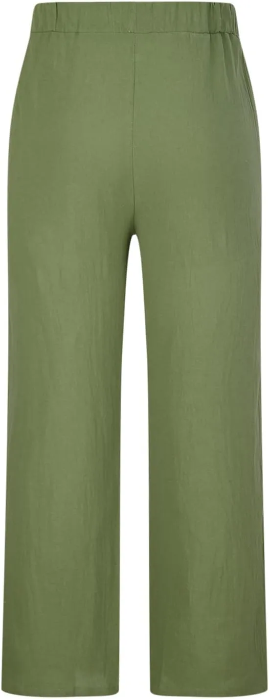Palm Tree Print Cotton Linen Pants for Mens Slim Fit Straight-Leg Beach Pant Summer Casual Drawstring Trousers