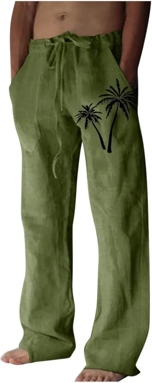 Palm Tree Print Cotton Linen Pants for Mens Slim Fit Straight-Leg Beach Pant Summer Casual Drawstring Trousers
