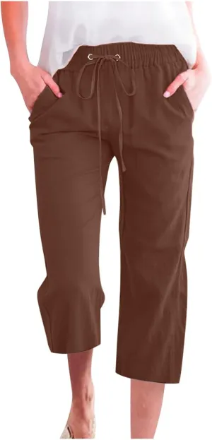 Pants for Women Dressy Casual 2024 Summer Cotton Linen Capris Drawstring Cropped Lounge Trousers Vacation Outfits