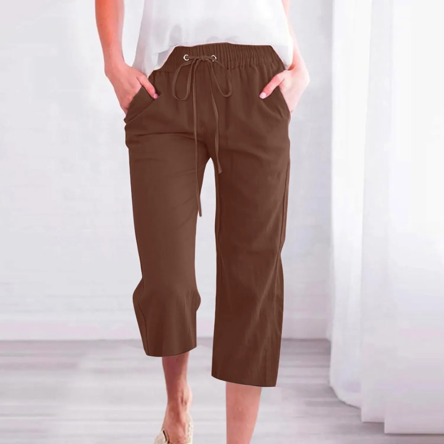 Pants for Women Dressy Casual 2024 Summer Cotton Linen Capris Drawstring Cropped Lounge Trousers Vacation Outfits