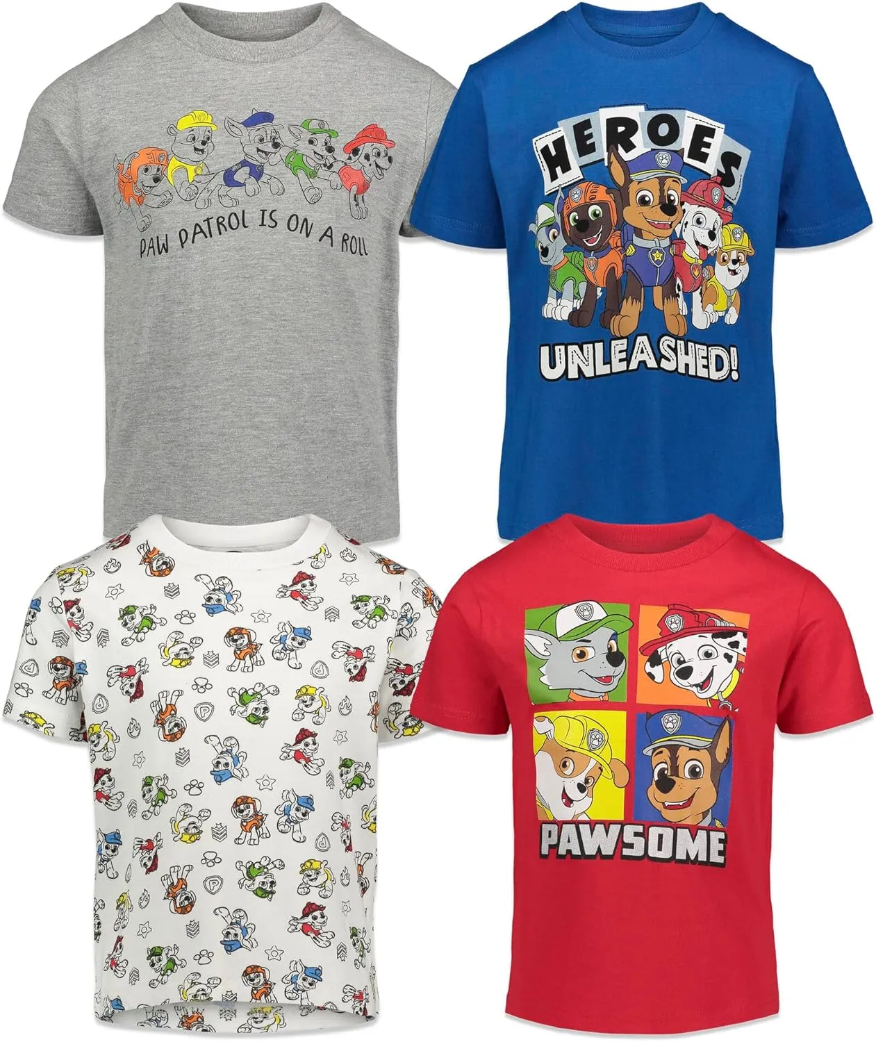 Paw Patrol Chase Marshall Rubble Rocky 4 Pack Graphic T-Shirts Toddler to Big Kid