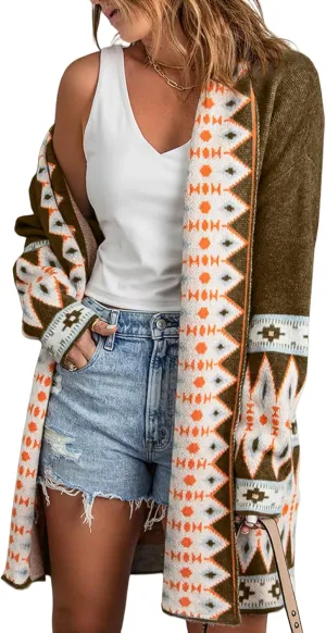 Perbai Womens Boho Aztec Cardigan Sweater Shawl Collar Open Front Tribal Long Sweater Coat with Pockets
