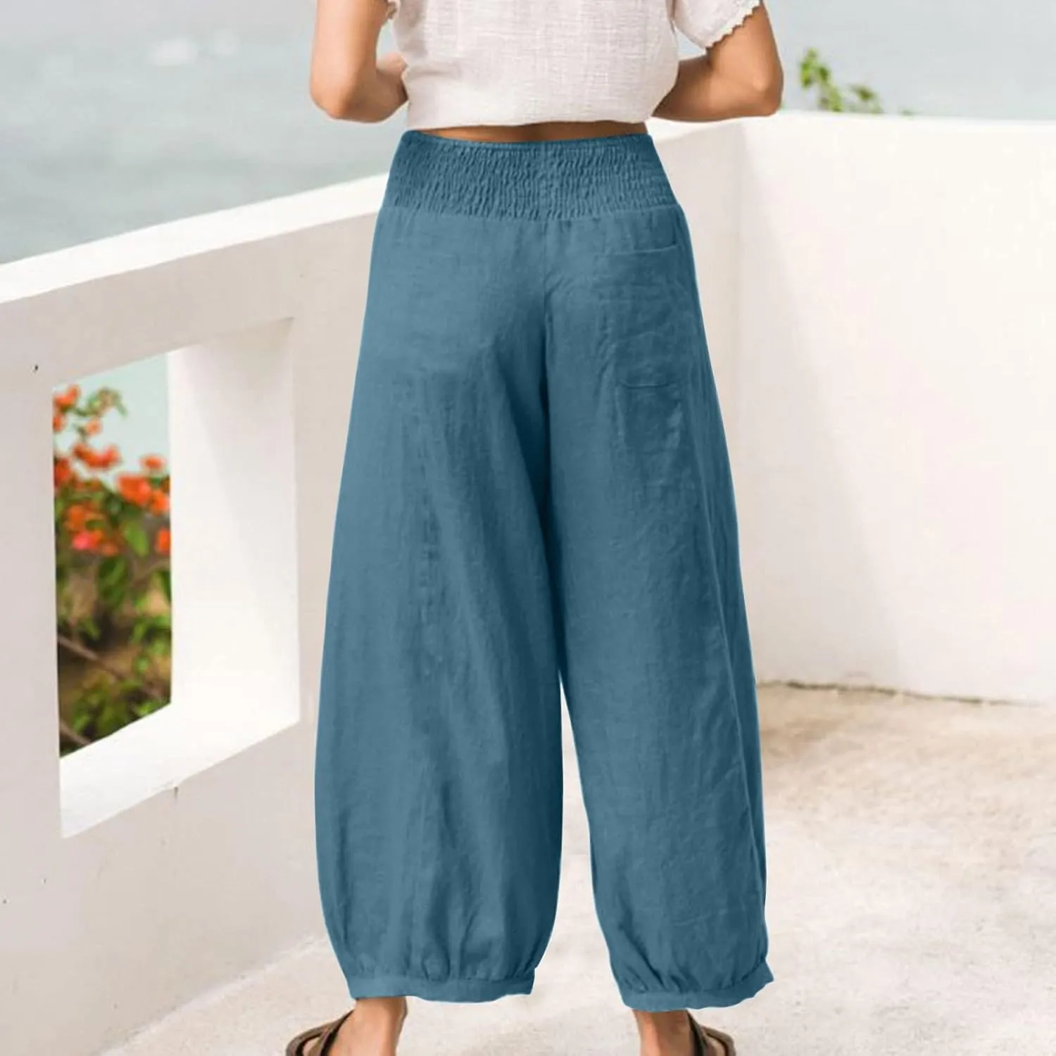 Petite Linen Pants for Women Wide Leg High Waisted Summer Palazzo Pants Lounge Loose Lightweight Flowy Beach Trousers