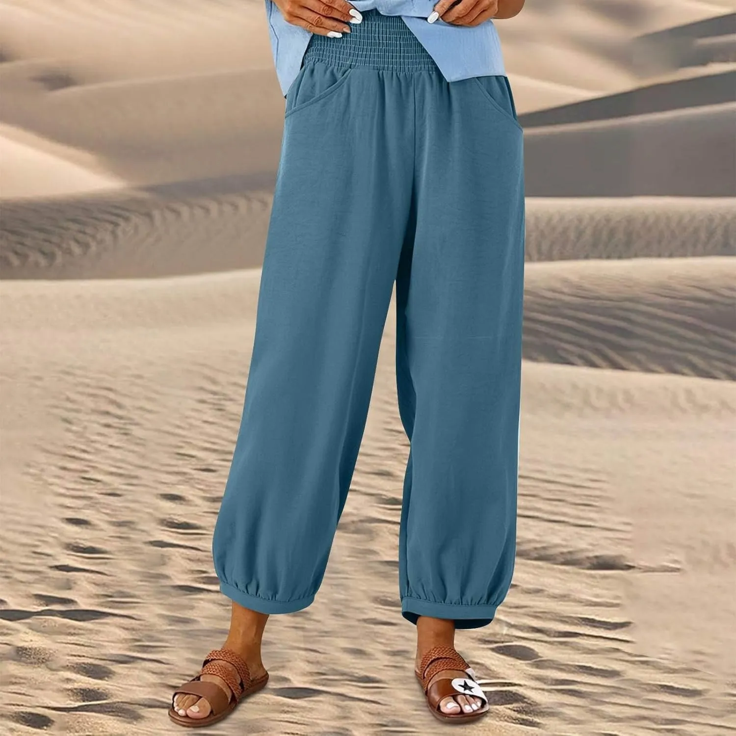 Petite Linen Pants for Women Wide Leg High Waisted Summer Palazzo Pants Lounge Loose Lightweight Flowy Beach Trousers