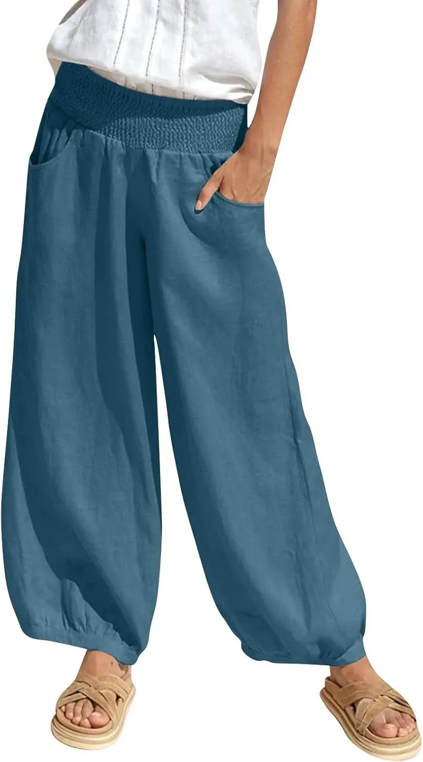 Petite Linen Pants for Women Wide Leg High Waisted Summer Palazzo Pants Lounge Loose Lightweight Flowy Beach Trousers