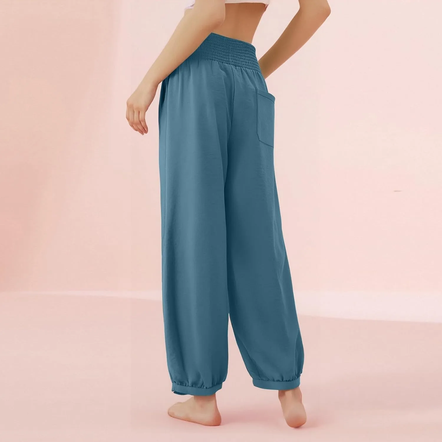 Petite Linen Pants for Women Wide Leg High Waisted Summer Palazzo Pants Lounge Loose Lightweight Flowy Beach Trousers