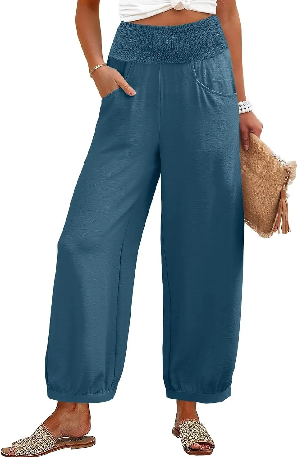 Petite Linen Pants for Women Wide Leg High Waisted Summer Palazzo Pants Lounge Loose Lightweight Flowy Beach Trousers