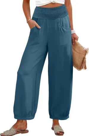 Petite Linen Pants for Women Wide Leg High Waisted Summer Palazzo Pants Lounge Loose Lightweight Flowy Beach Trousers