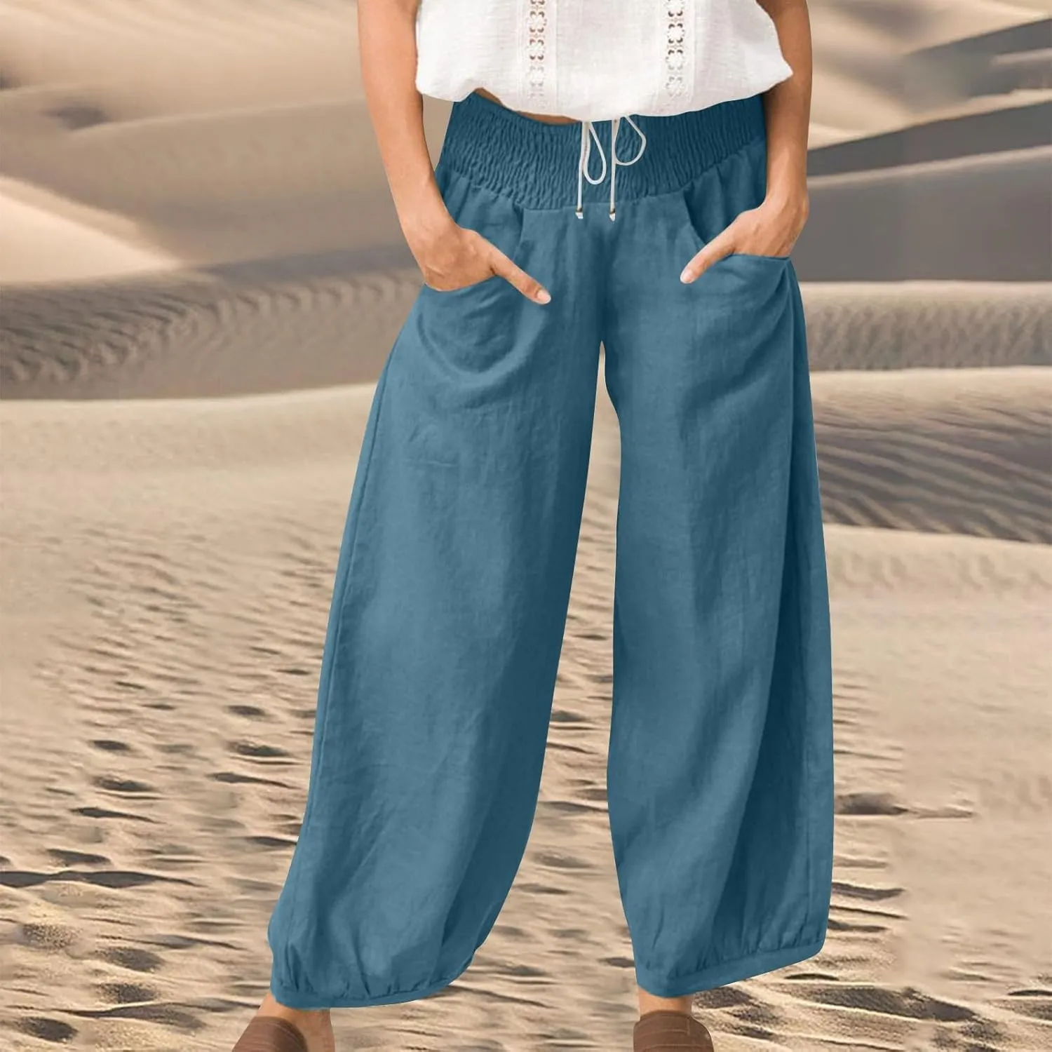 Petite Linen Pants for Women Wide Leg High Waisted Summer Palazzo Pants Lounge Loose Lightweight Flowy Beach Trousers
