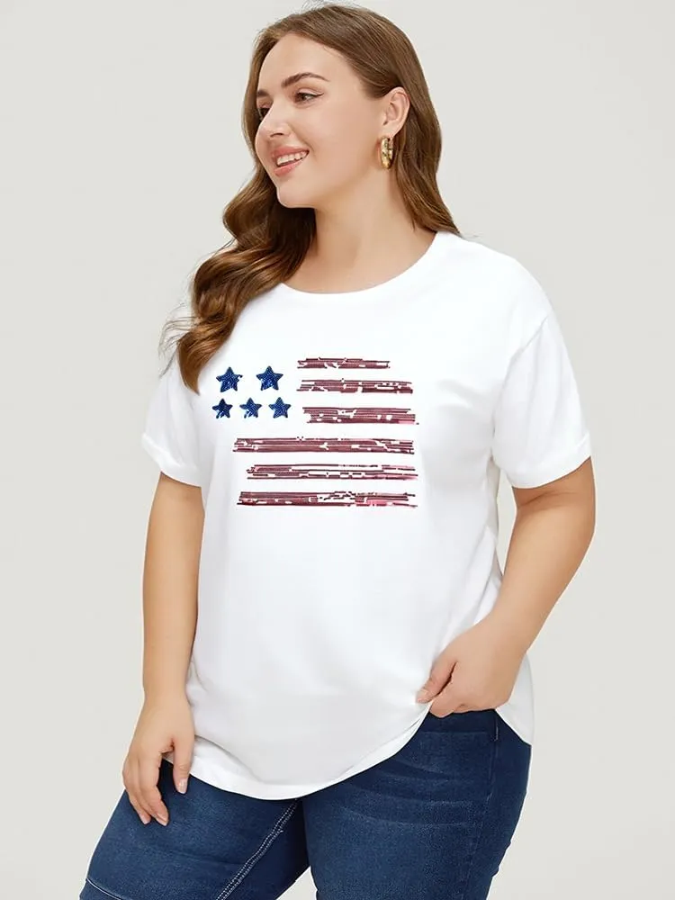 Plus Size American Flag Shirt Women USA Stars T-Shirt 4th of July Memorial Tee Patriotic Sequin American Proud Tops