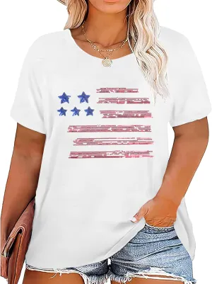 Plus Size American Flag Shirt Women USA Stars T-Shirt 4th of July Memorial Tee Patriotic Sequin American Proud Tops