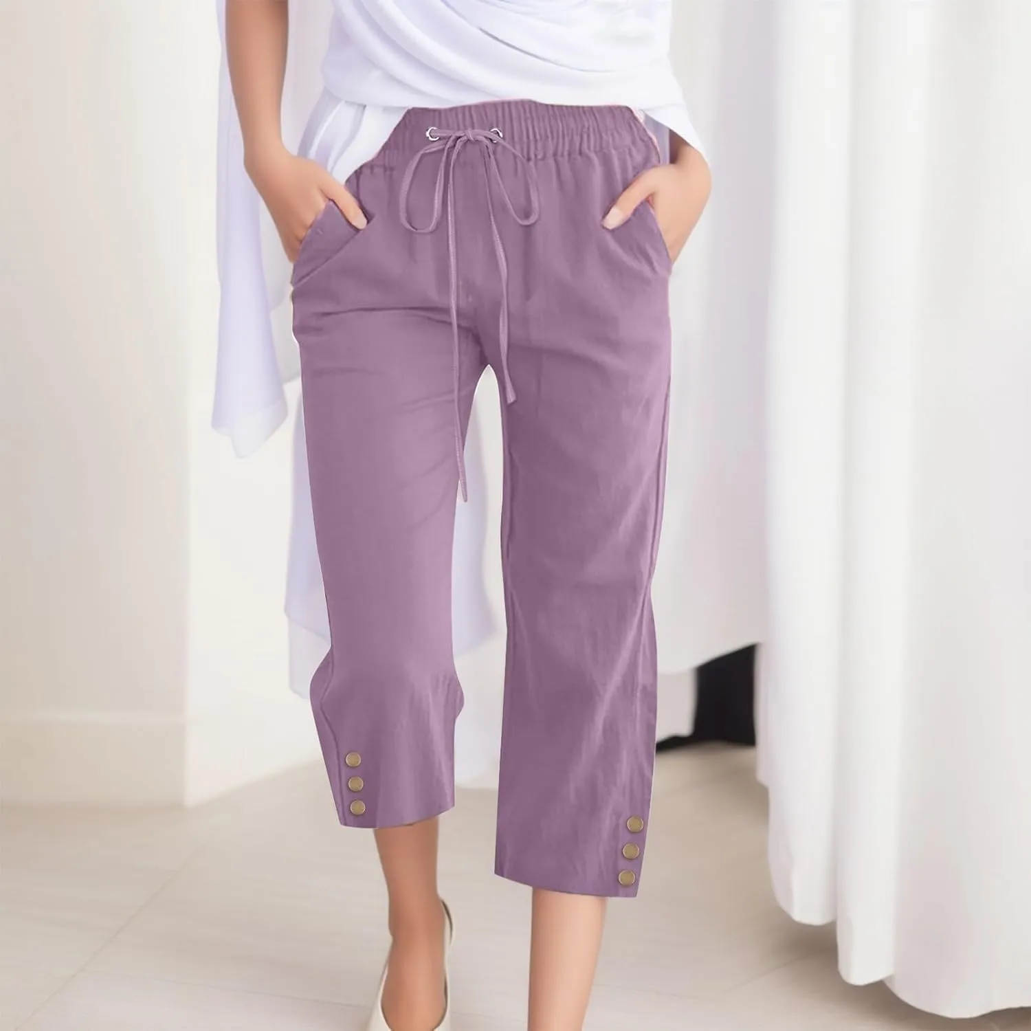Plus Size Capri Pants for Women Casual 2025 Summer Cotton Linen Pants Drawstring High Waisted Capris with Pockets