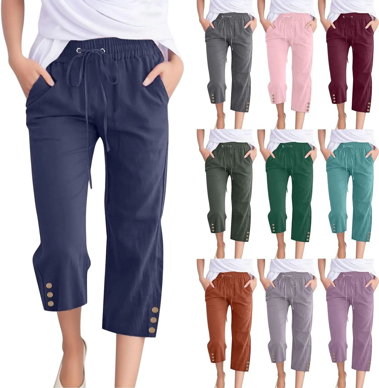 Plus Size Capri Pants for Women Casual 2025 Summer Cotton Linen Pants Drawstring High Waisted Capris with Pockets