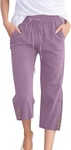 Plus Size Capri Pants for Women Casual 2025 Summer Cotton Linen Pants Drawstring High Waisted Capris with Pockets