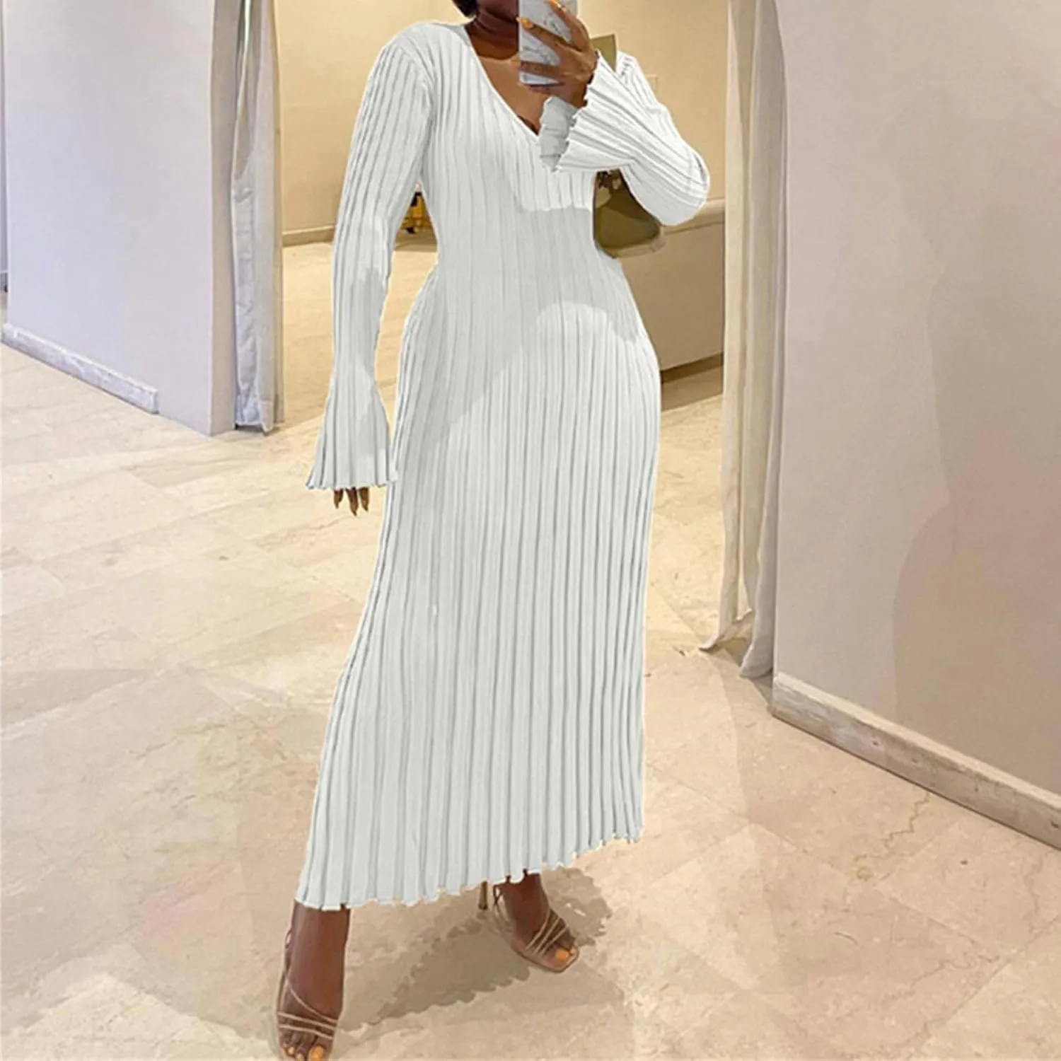 Plus Size Knit Dresses for Curvy Women Fall Maxi Sweater Dress Long Sleeve Warm Sexy V Neck Ribbed Dresses