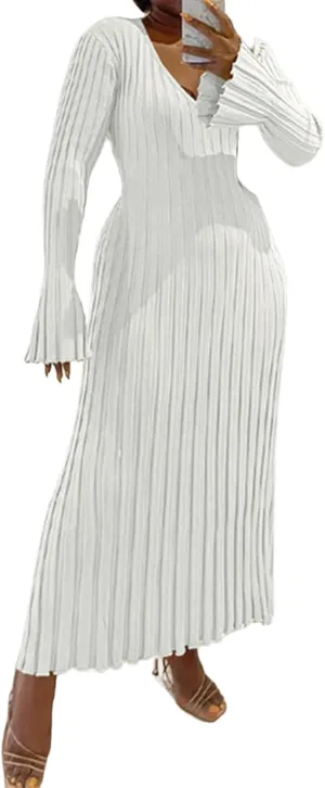 Plus Size Knit Dresses for Curvy Women Fall Maxi Sweater Dress Long Sleeve Warm Sexy V Neck Ribbed Dresses