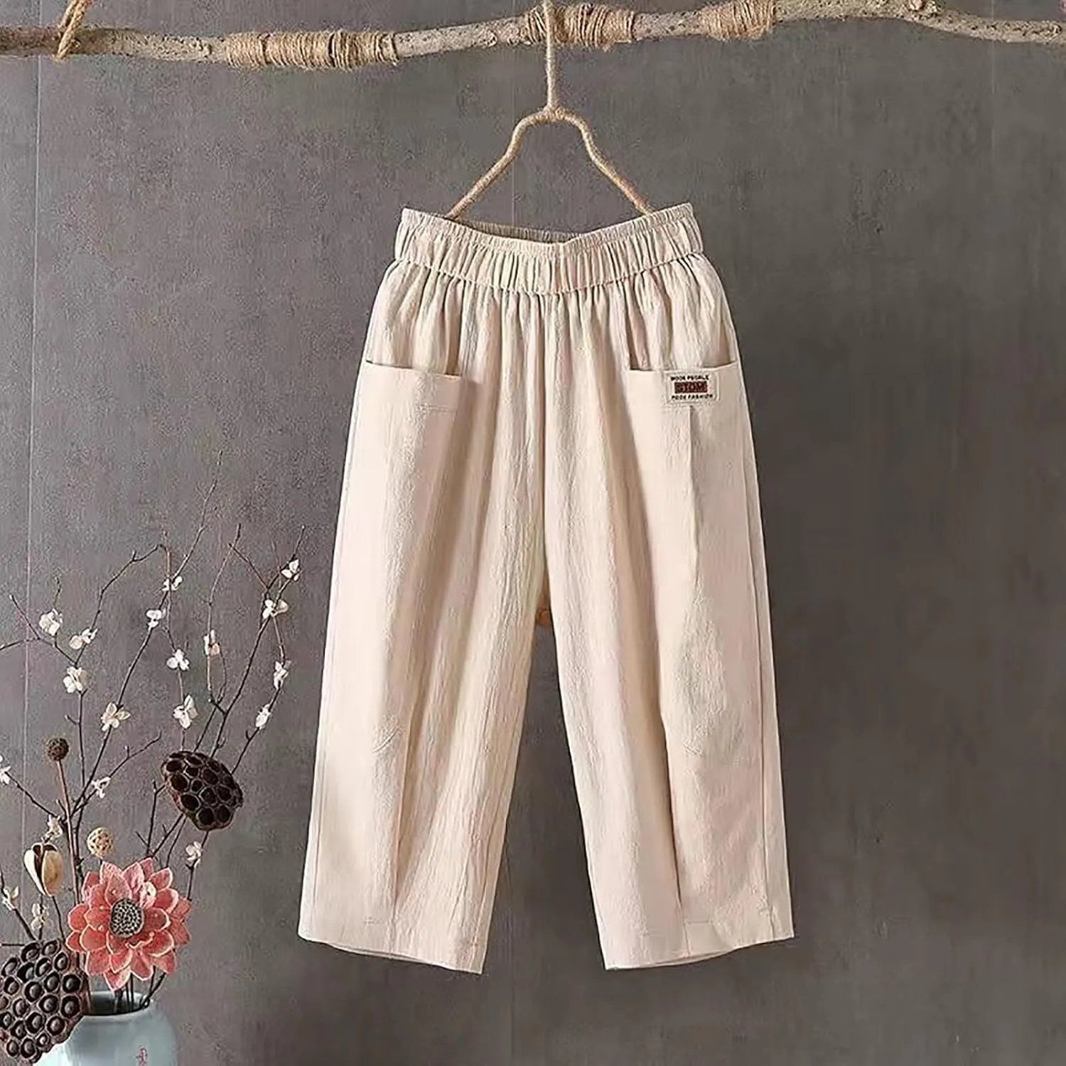 Plus Size Linen Pants for Women Cropped Pants Cotton High Waisted Trousers Loose Travel Vacation Lounge Trousers