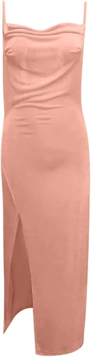 Plus Size Slip Dress for Women Side Slit Midi Cowl Neck Dresses Party Spaghetti Cami Drape Evening S-3XL