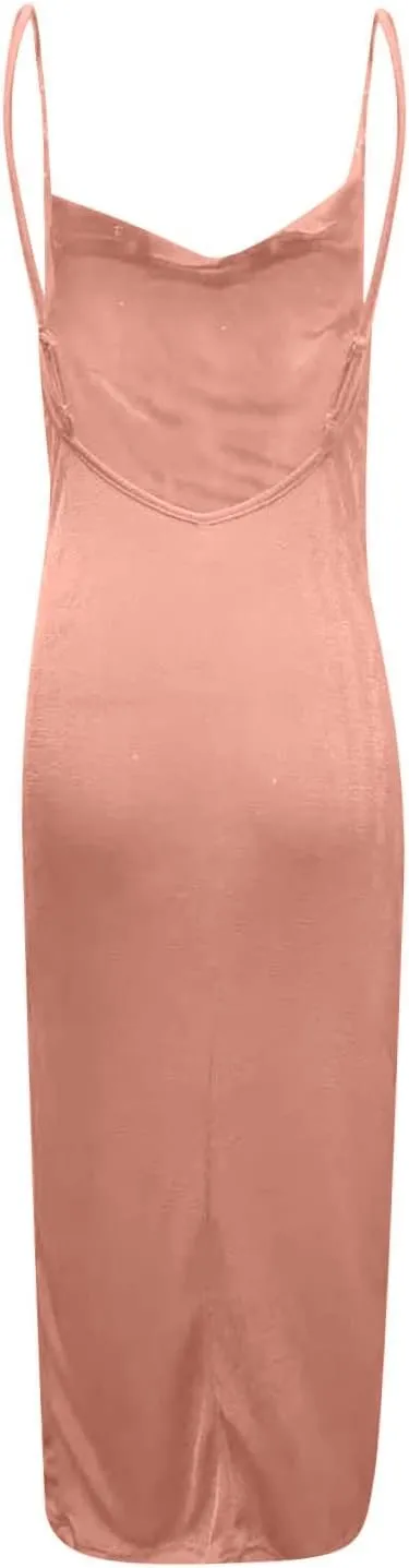 Plus Size Slip Dress for Women Side Slit Midi Cowl Neck Dresses Party Spaghetti Cami Drape Evening S-3XL