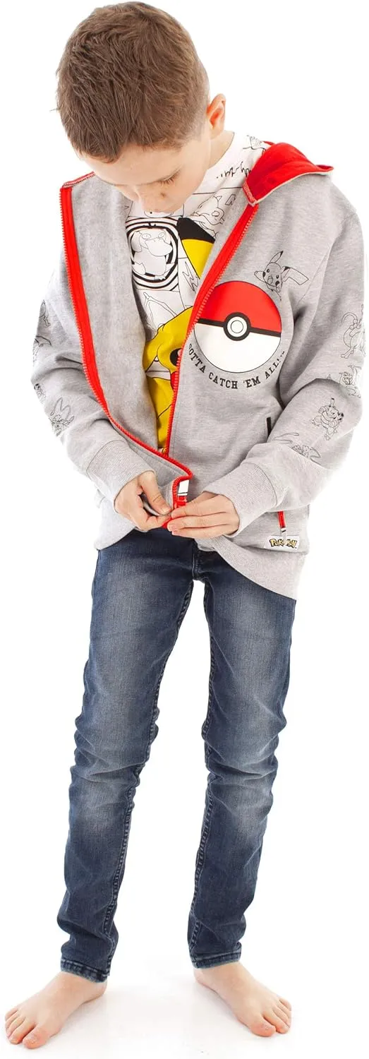 Pokemon Boys Hoodie Zip Up Grey Long Sleeve Hooded Sweater