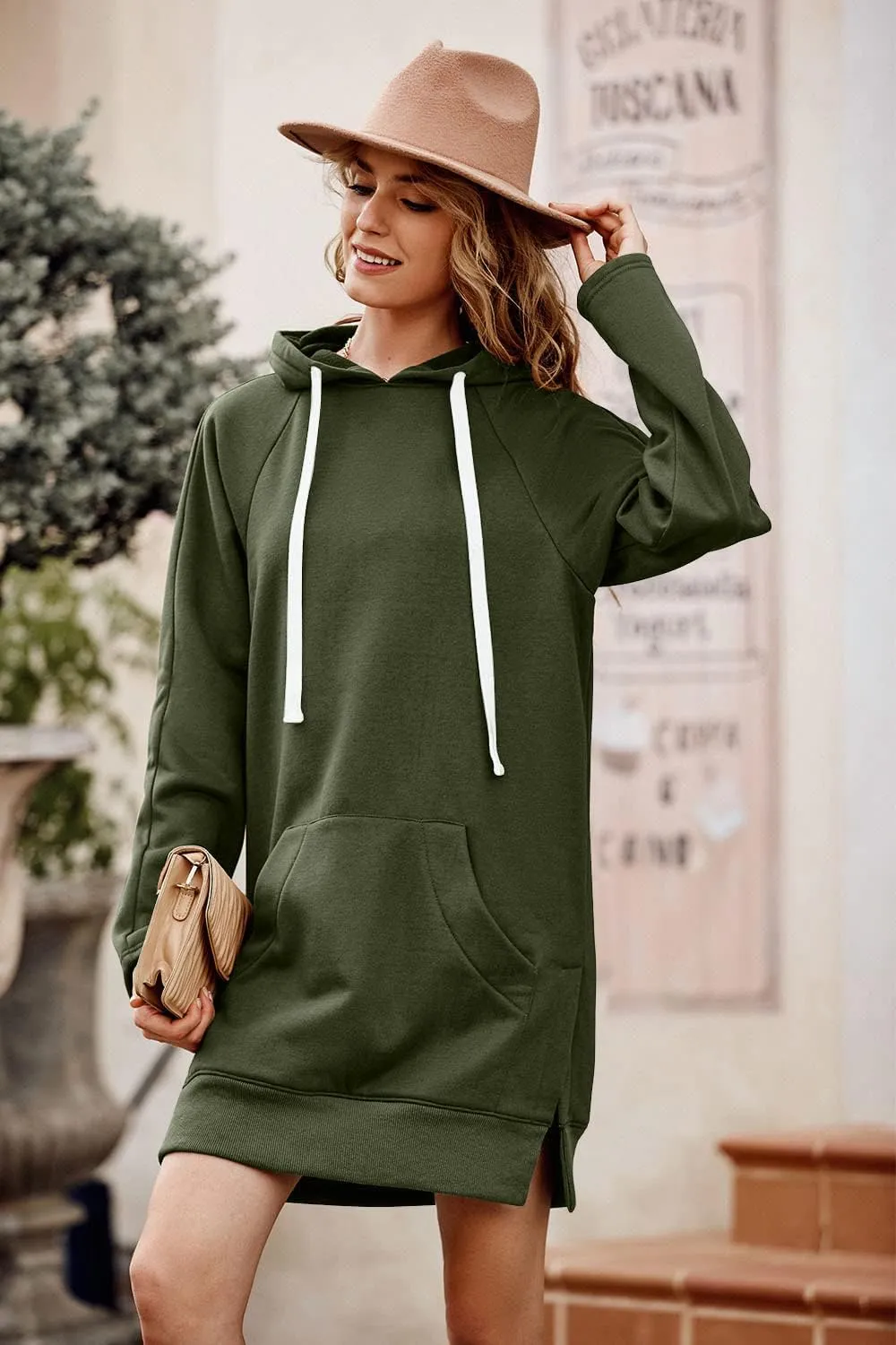 PRETTYGARDEN Women's Casual Pullover Sweatshirt Long Sleeve Split Hem Hoodie Dress with Kangaroo Pocket