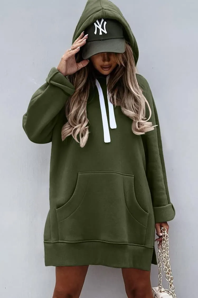 PRETTYGARDEN Women's Casual Pullover Sweatshirt Long Sleeve Split Hem Hoodie Dress with Kangaroo Pocket