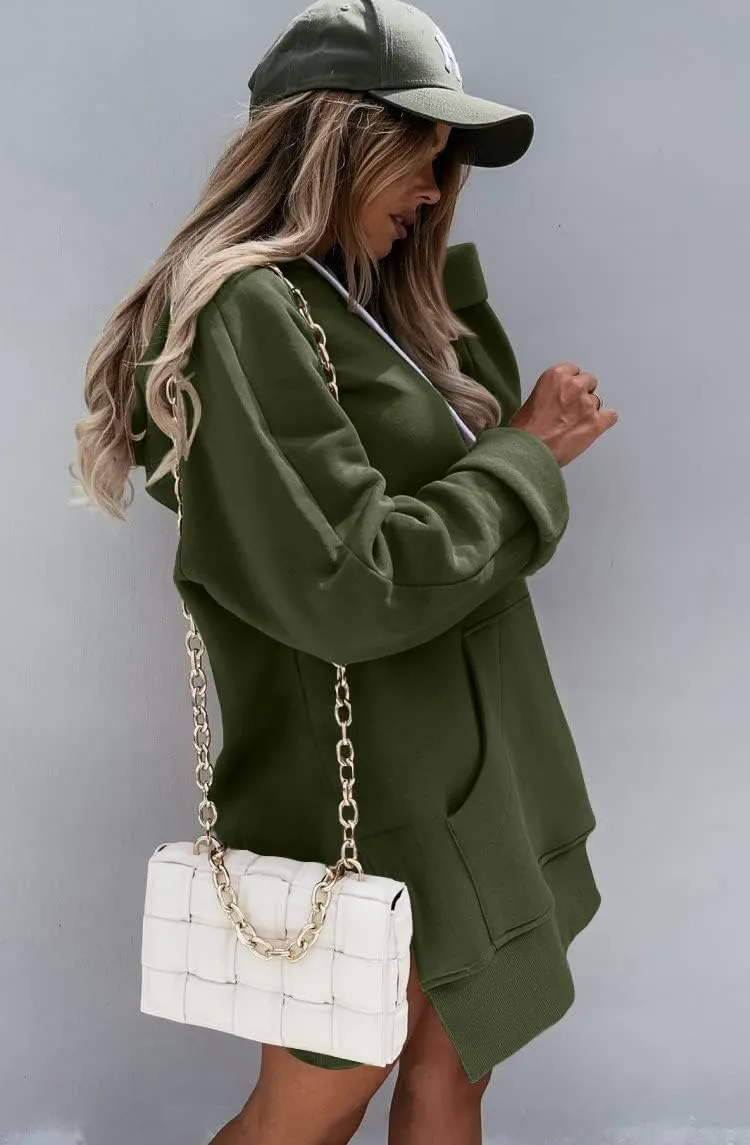 PRETTYGARDEN Women's Casual Pullover Sweatshirt Long Sleeve Split Hem Hoodie Dress with Kangaroo Pocket