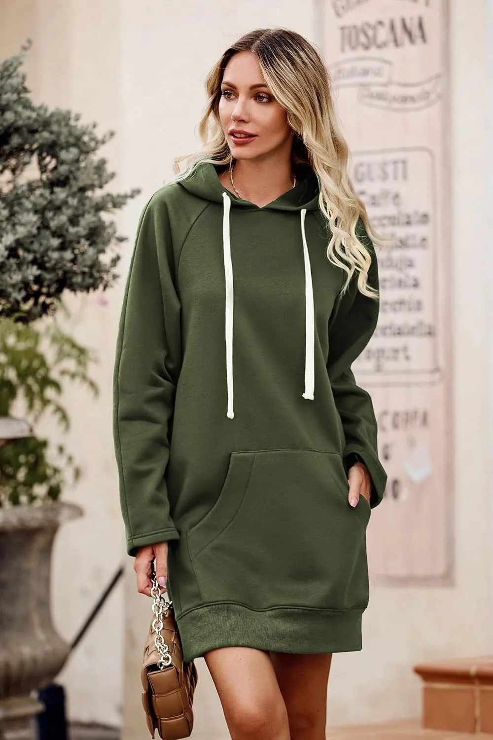 PRETTYGARDEN Women's Casual Pullover Sweatshirt Long Sleeve Split Hem Hoodie Dress with Kangaroo Pocket