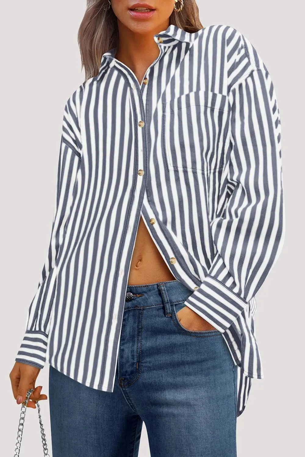 PRETTYGARDEN Womens Striped Button Down Shirt Spring 2025 Oversized Collared Long Sleeve Office Work Blouses Tops
