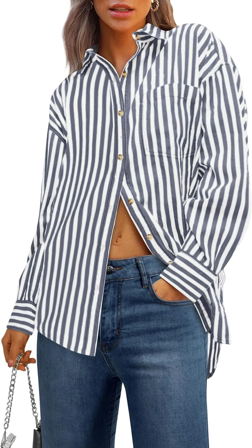 PRETTYGARDEN Womens Striped Button Down Shirt Spring 2025 Oversized Collared Long Sleeve Office Work Blouses Tops