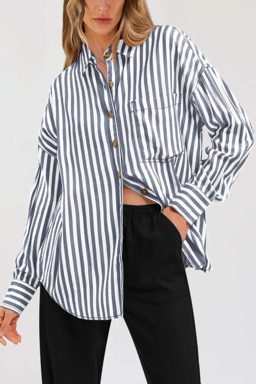 PRETTYGARDEN Womens Striped Button Down Shirt Spring 2025 Oversized Collared Long Sleeve Office Work Blouses Tops