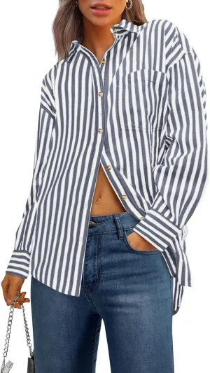 PRETTYGARDEN Womens Striped Button Down Shirt Spring 2025 Oversized Collared Long Sleeve Office Work Blouses Tops