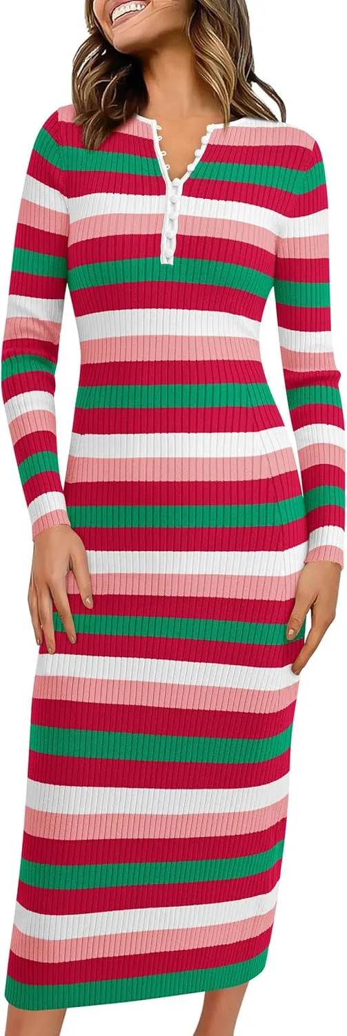PRETTYGARDEN Women's Striped Spring Midi Sweater Dress Fall Long Sleeve Button Up V Neck Knit Bodycon Vacation Party Dresses