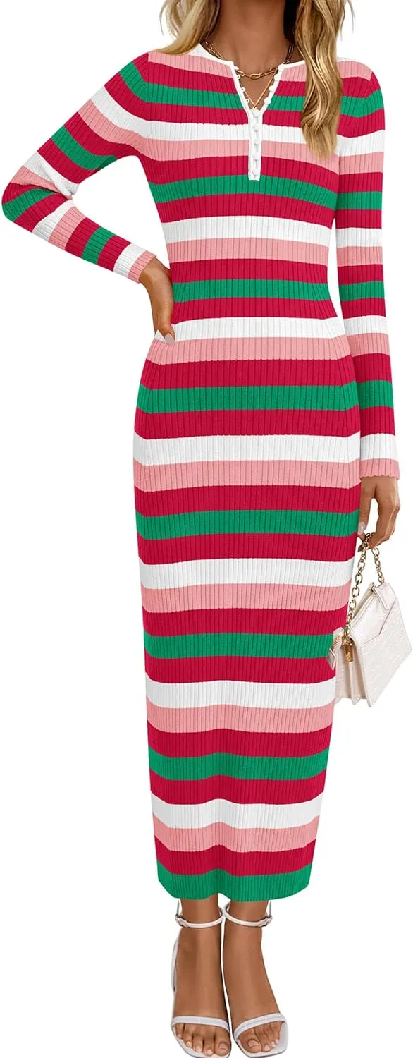PRETTYGARDEN Women's Striped Spring Midi Sweater Dress Fall Long Sleeve Button Up V Neck Knit Bodycon Vacation Party Dresses