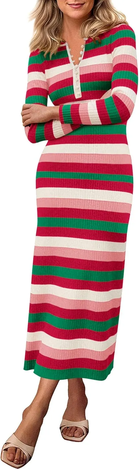 PRETTYGARDEN Women's Striped Spring Midi Sweater Dress Fall Long Sleeve Button Up V Neck Knit Bodycon Vacation Party Dresses