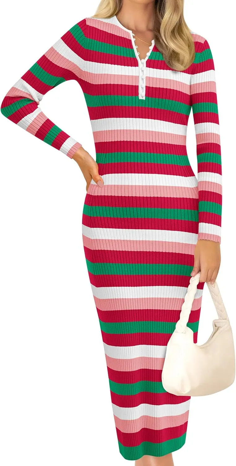 PRETTYGARDEN Women's Striped Spring Midi Sweater Dress Fall Long Sleeve Button Up V Neck Knit Bodycon Vacation Party Dresses