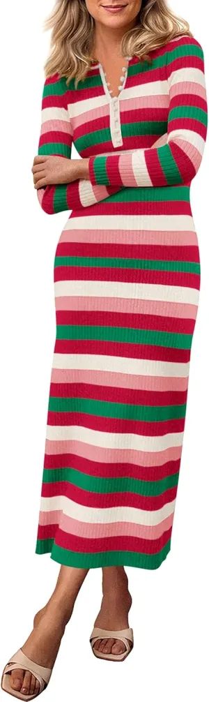 PRETTYGARDEN Women's Striped Spring Midi Sweater Dress Fall Long Sleeve Button Up V Neck Knit Bodycon Vacation Party Dresses