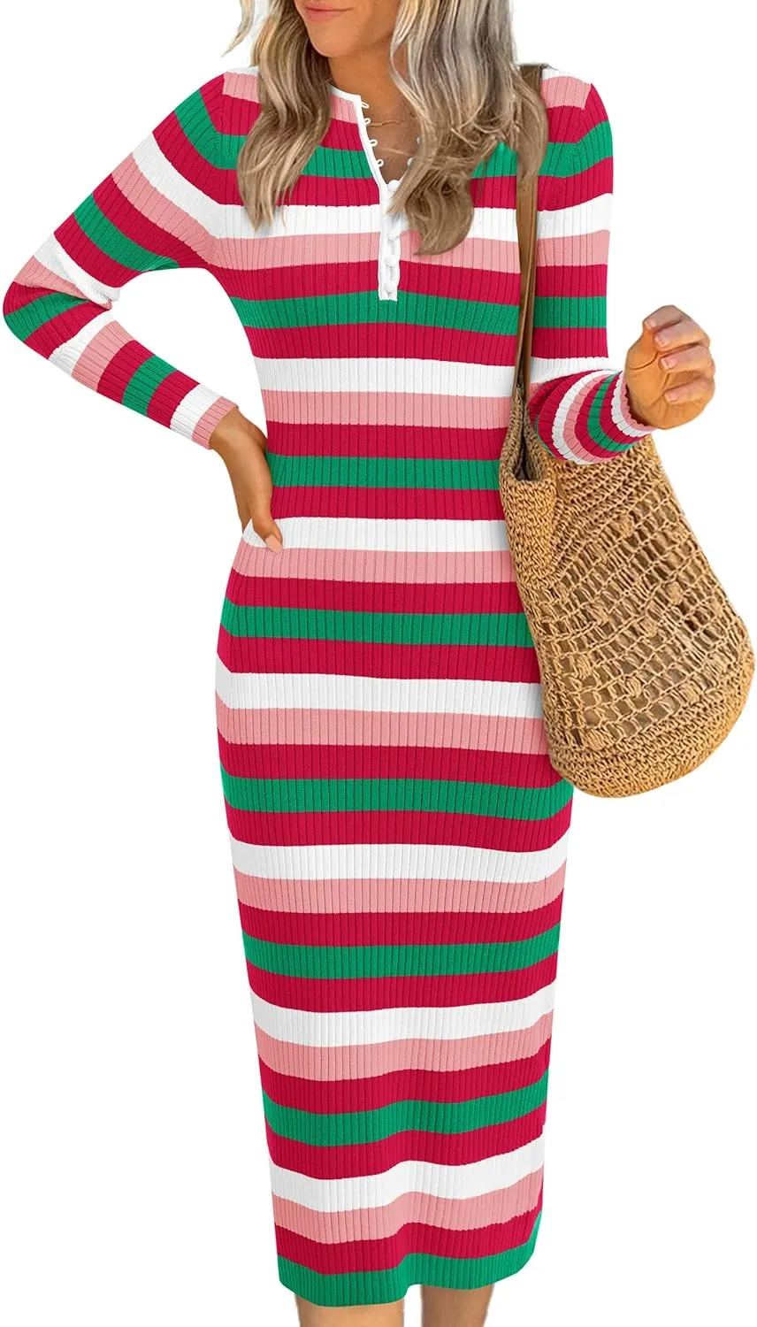 PRETTYGARDEN Women's Striped Spring Midi Sweater Dress Fall Long Sleeve Button Up V Neck Knit Bodycon Vacation Party Dresses